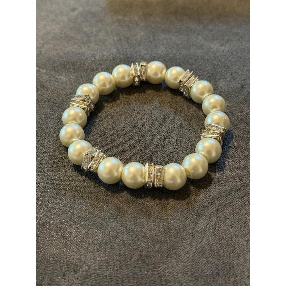 White Pearl Beaded Bracelet with Silver & Rhinestone Accents